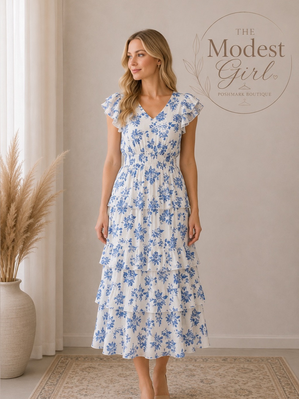 White and Blue Floral Tiered Maxi Dress